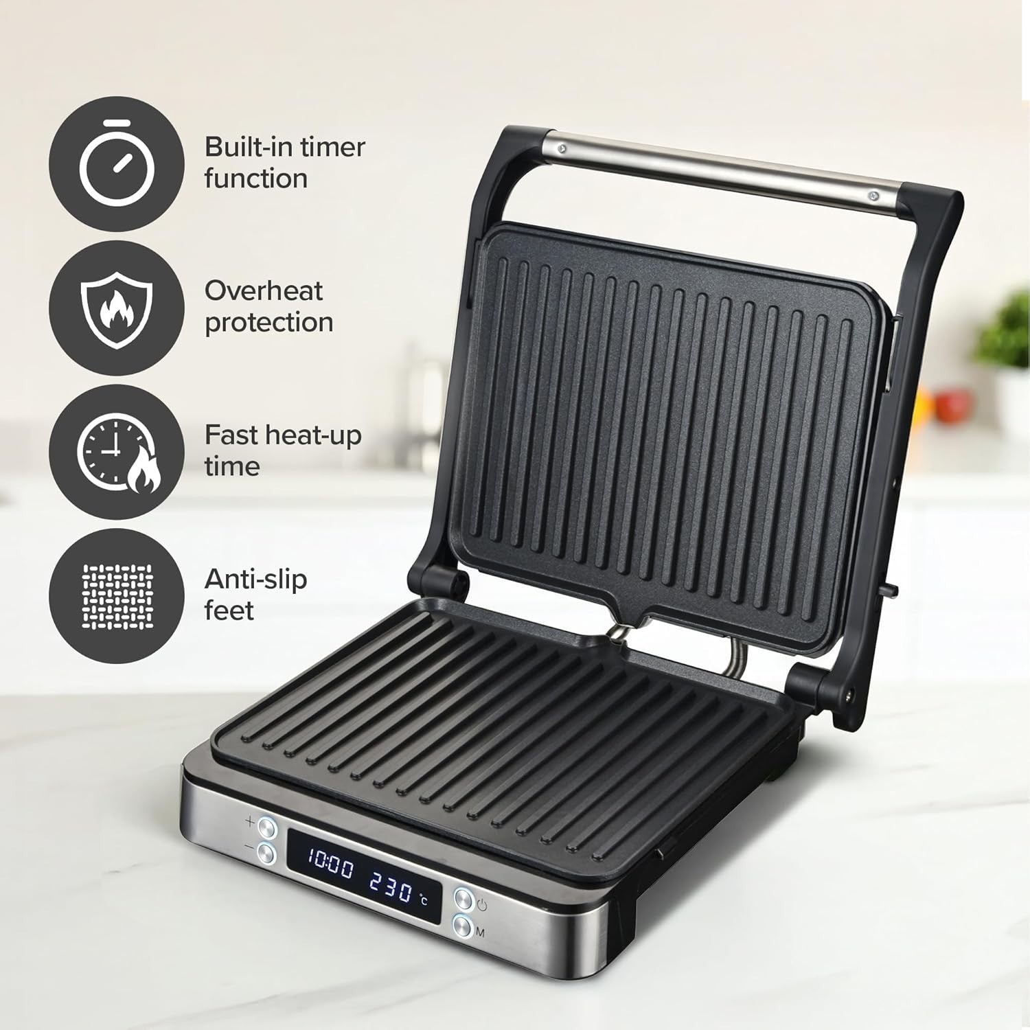 3-in-1 Panini Press Grill 1200W Digital 29x23cm Black