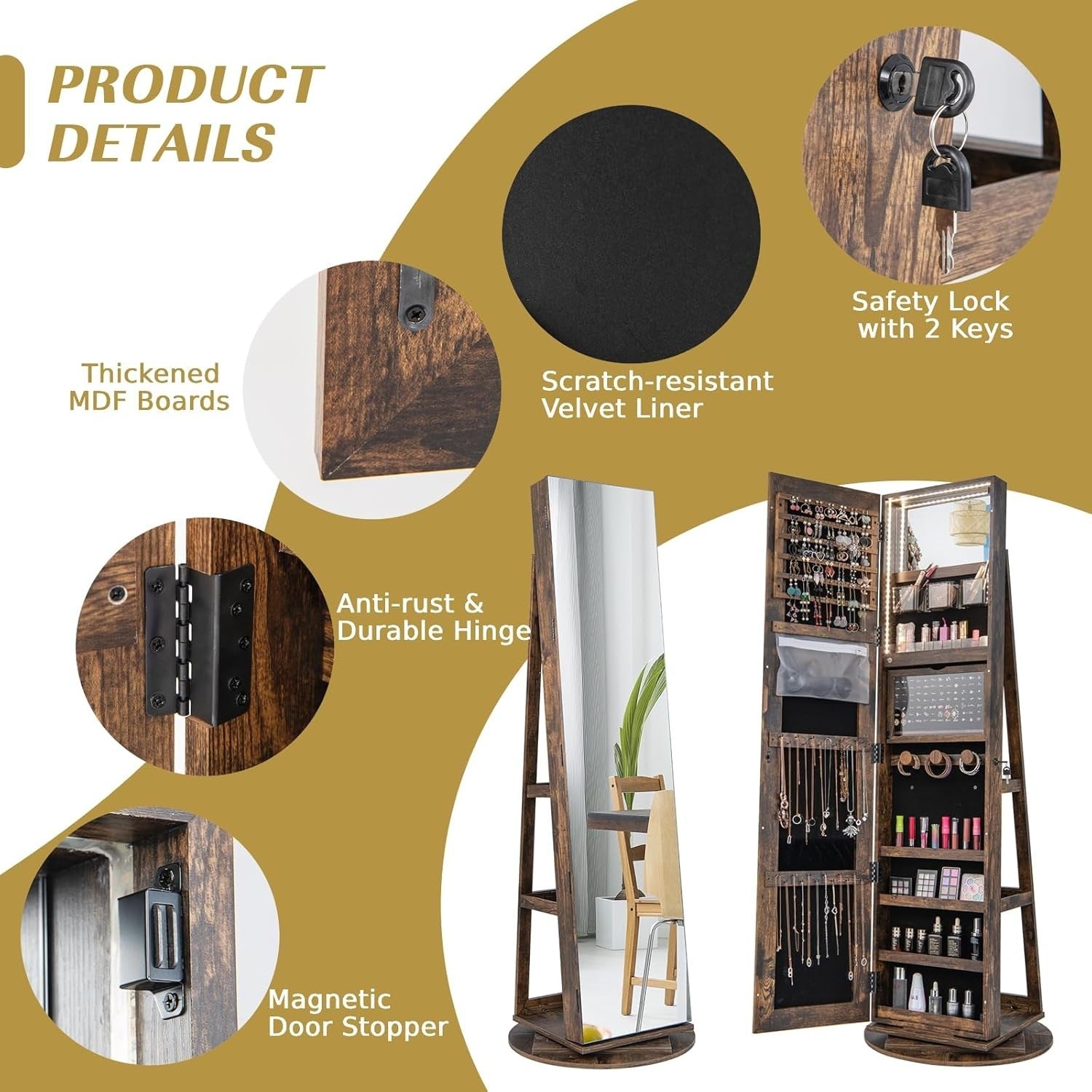 360° Swivel Jewelry Armoire Lockable Full Length Mirror LED Storage Rustic