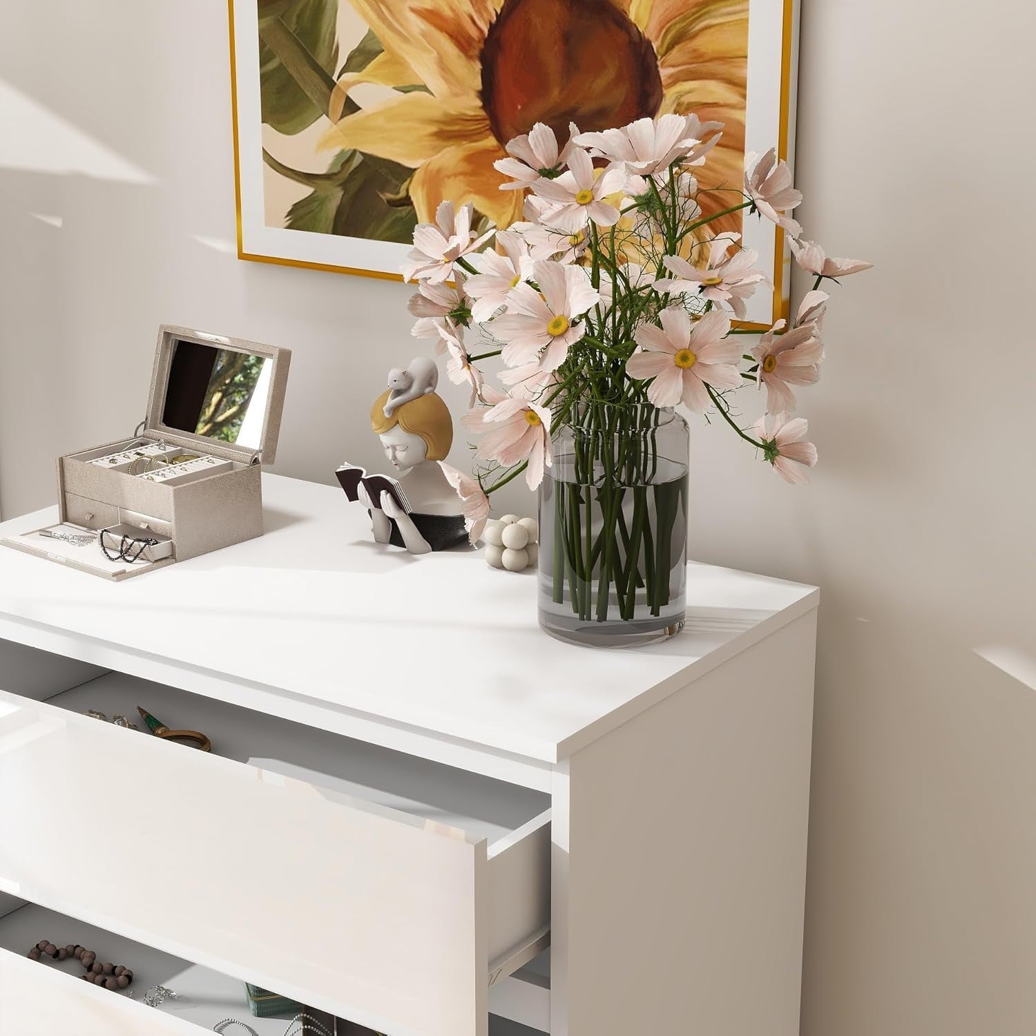 White 5 Drawer High-Gloss Chest Modern Storage Cabinet Bedroom Organizer