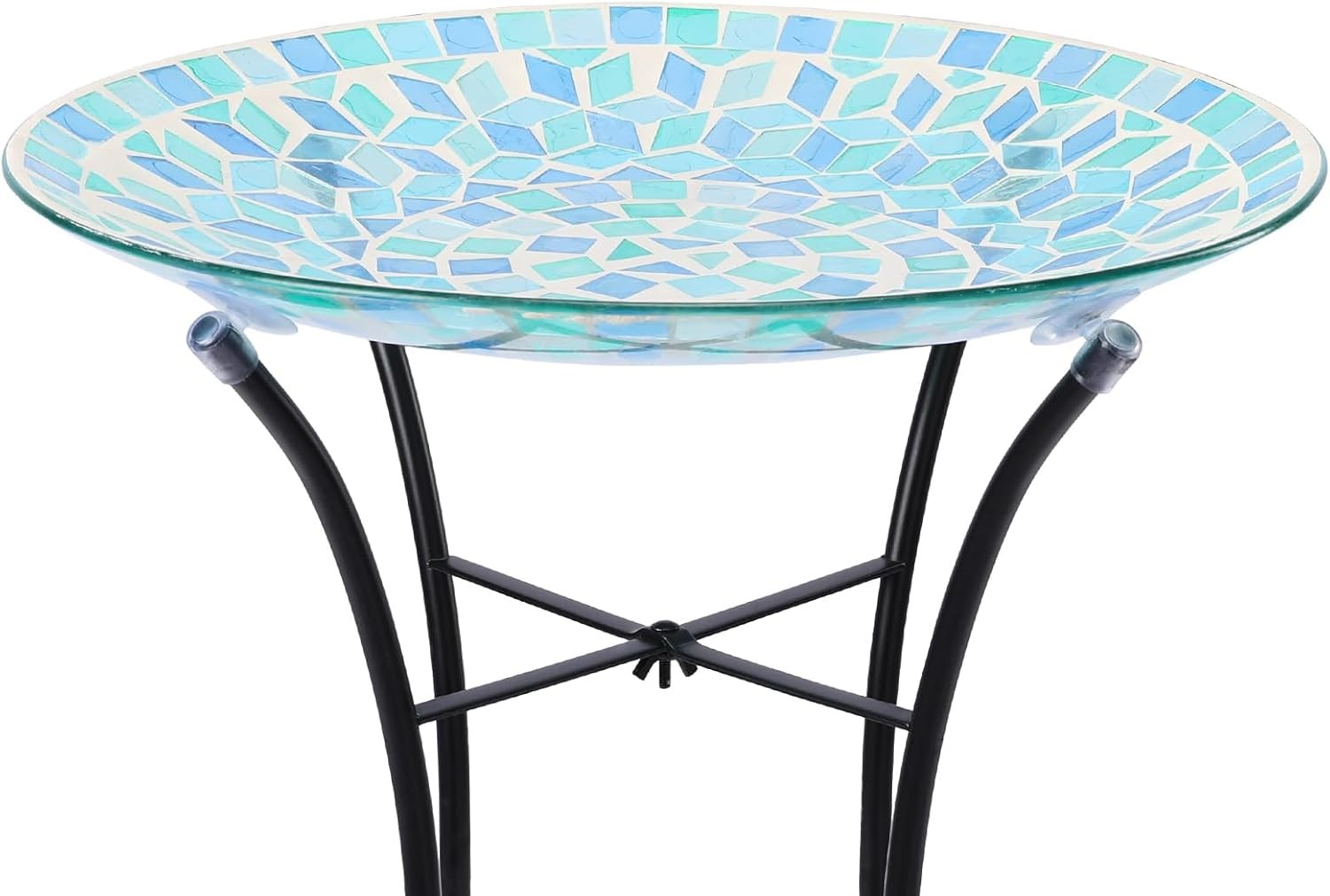 Blue Mosaic Bird Bath | 14" Glass Garden Bowl with Sturdy Metal Stand