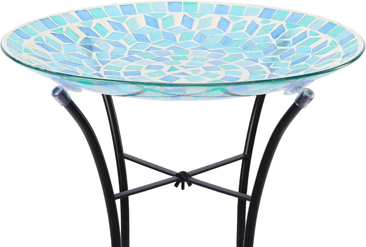 Blue Mosaic Bird Bath | 14" Glass Garden Bowl with Sturdy Metal Stand