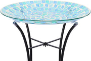 Blue Mosaic Bird Bath | 14" Glass Garden Bowl with Sturdy Metal Stand