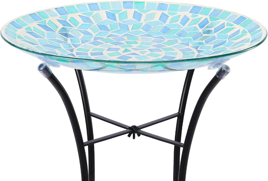 Blue Mosaic Bird Bath | 14" Glass Garden Bowl with Sturdy Metal Stand