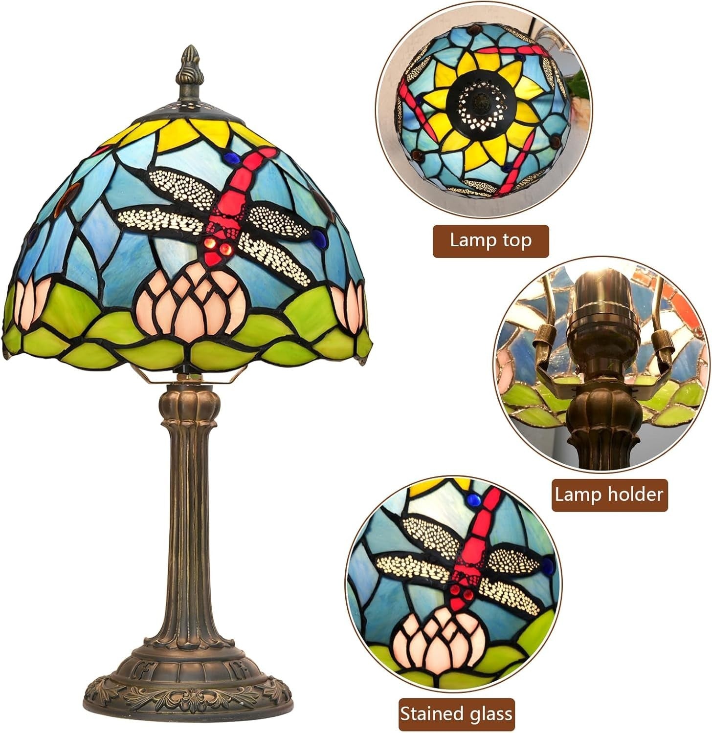 Tiffany Style Stained Glass Table Lamp Dragonfly Lotus Flower Decor