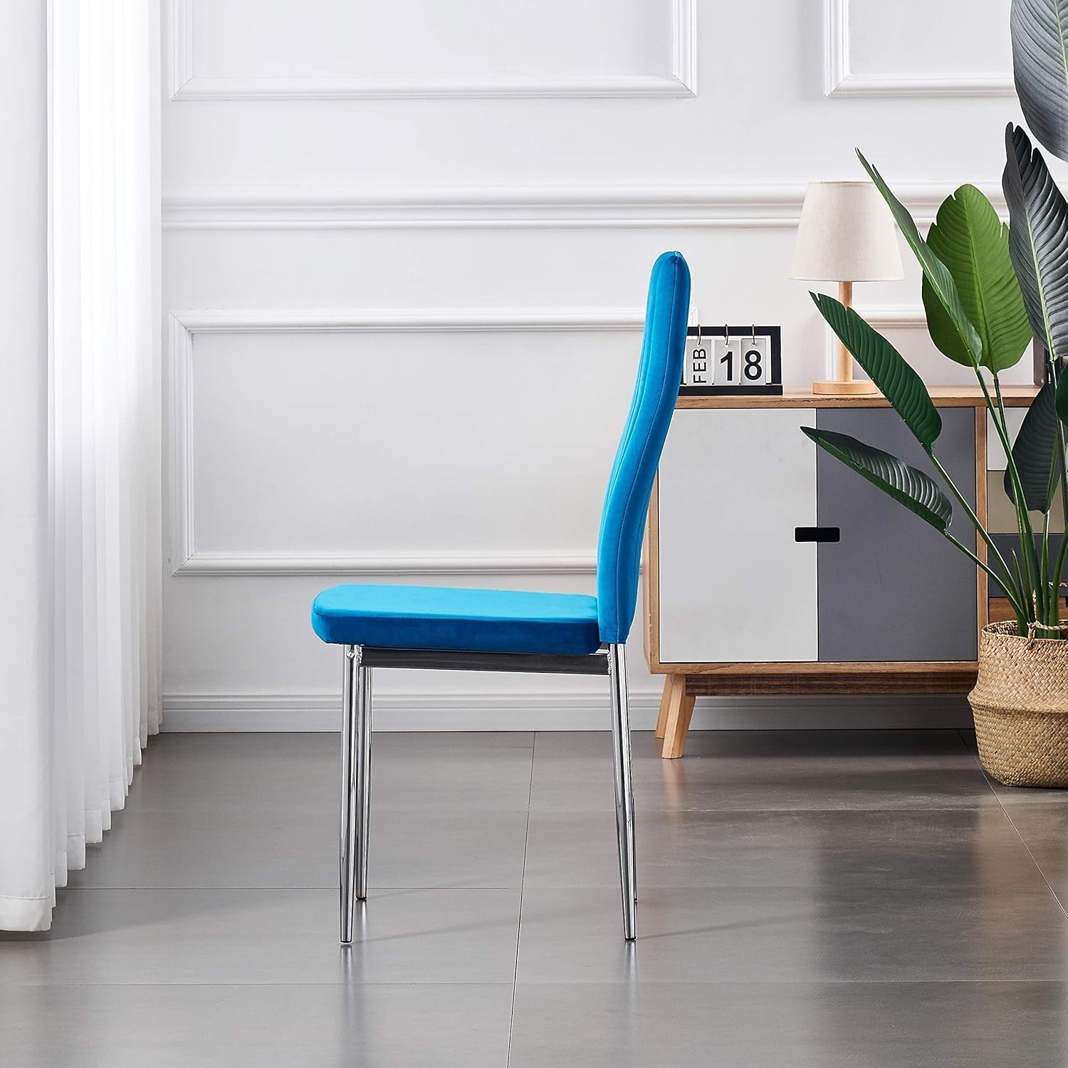 White Gloss Dining Table & 4 Blue Velvet Chairs Set Modern 4 Seater