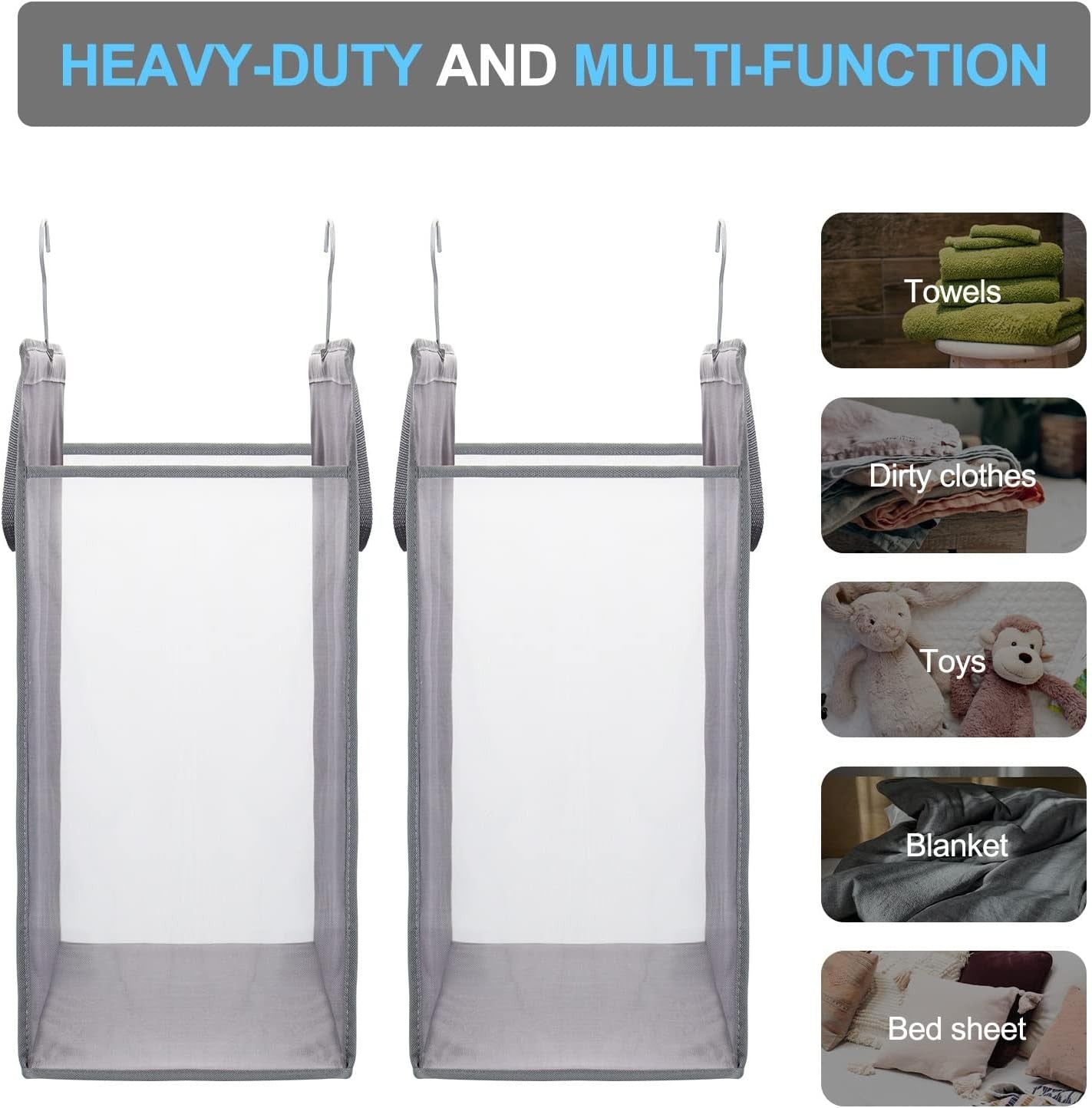 2-Pack Hanging Laundry Hampers Grey | Slim Space-Saving Hamper Bags with Hooks