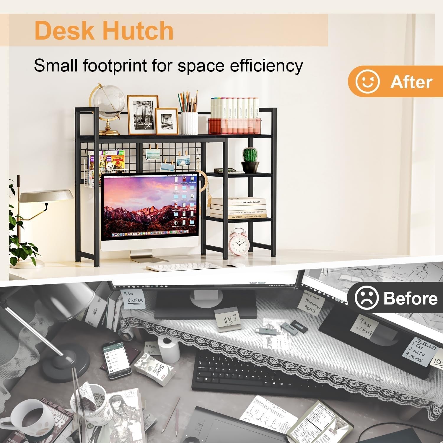 38.6" Desk Hutch Shelf with Pegboard Hooks | 4-Tier Desktop Organizer Rack Black