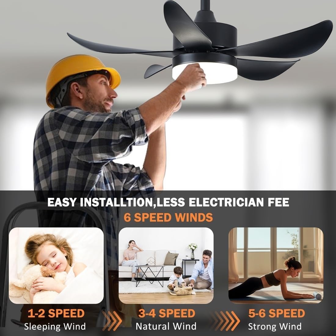 30" Black Ceiling Fan Light, 6 Speeds, Dimmable, Reversible, Quiet Smart Fan