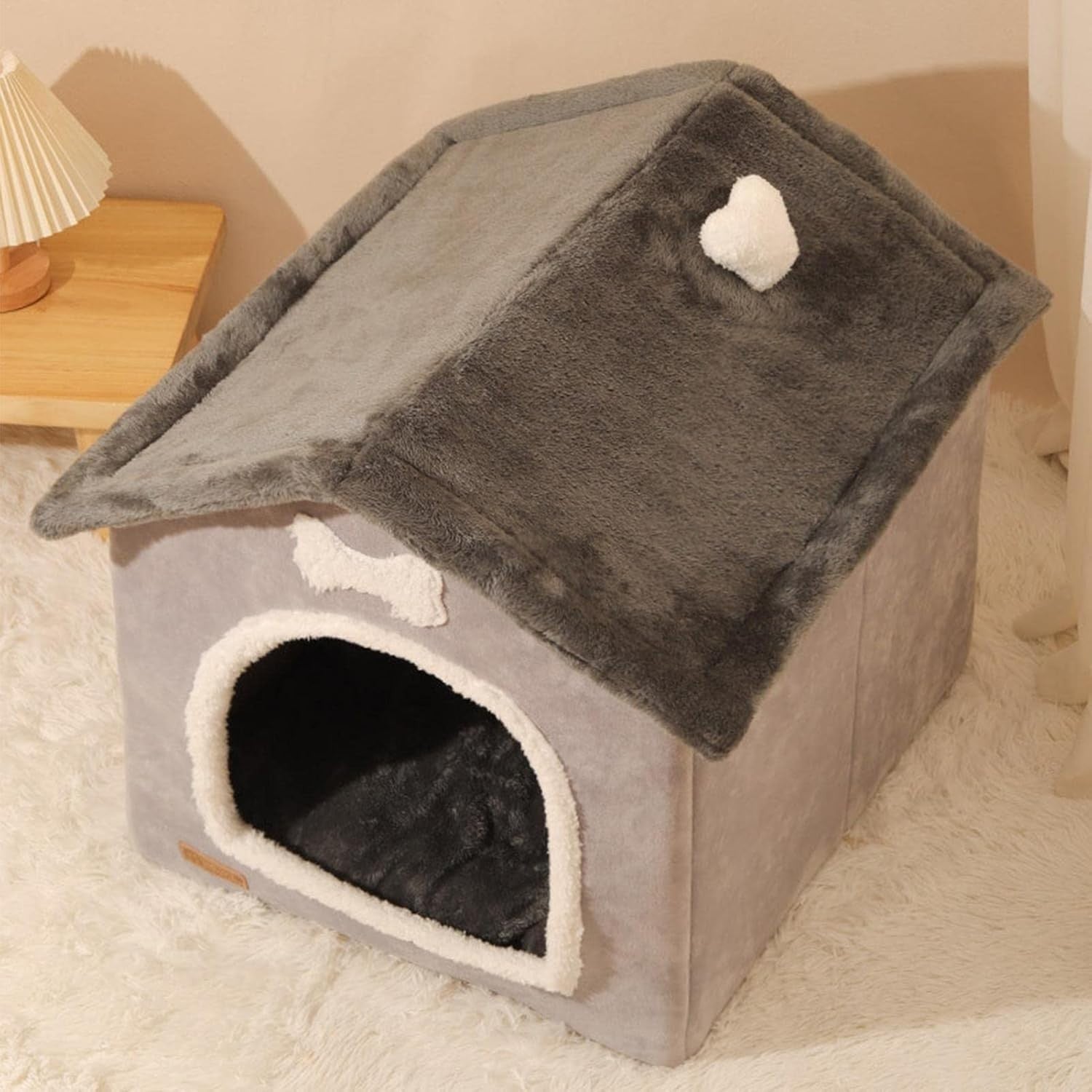 Foldable Plush Dog House Kennel Bed with Removable Cushion Small Medium Pets