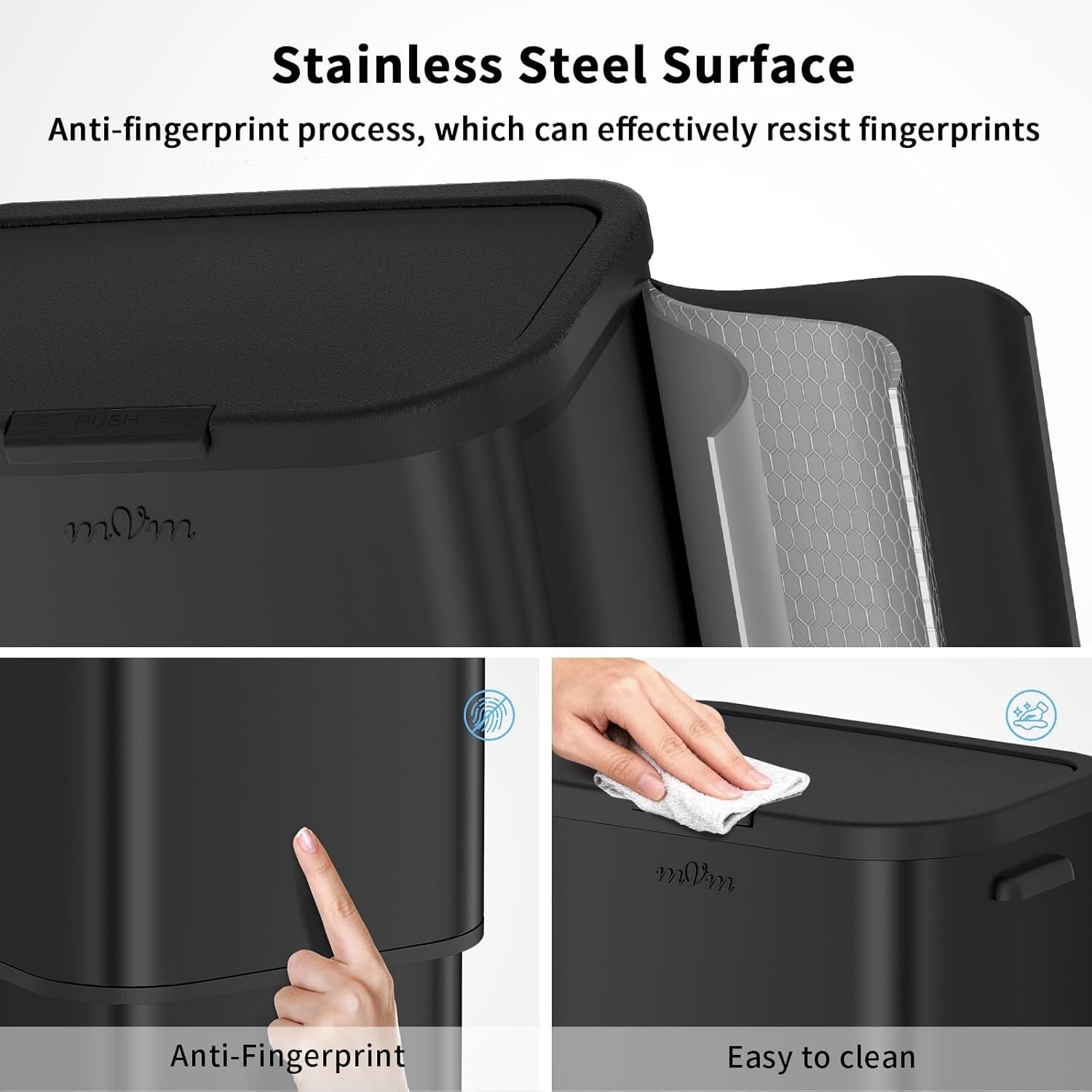 Large 70L Kitchen Trash Bin Black Stainless Steel Soft-Close Rubbish Can
