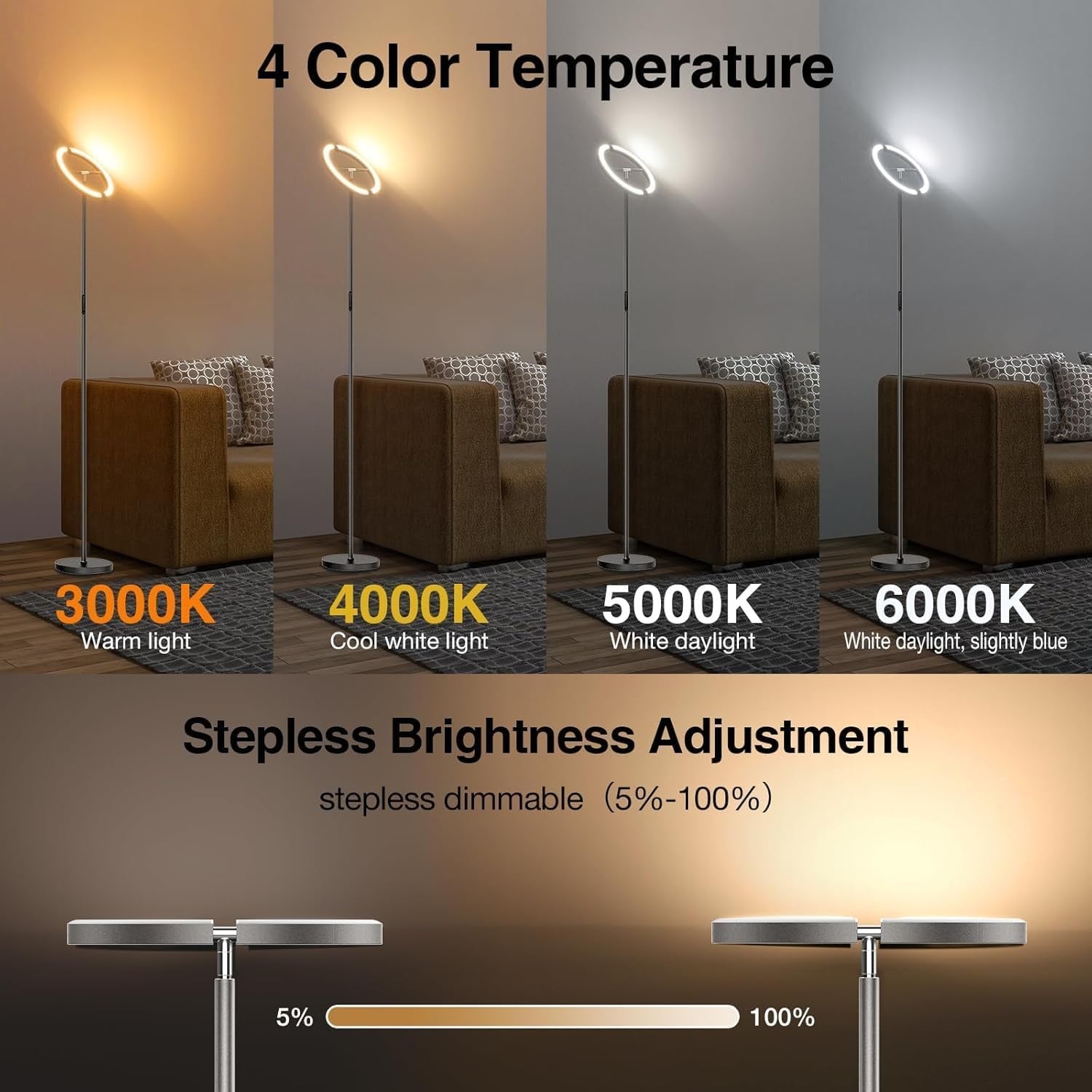 Modern LED Floor Lamp Dimmable Touch Remote Rotatable Uplighter Reading Light