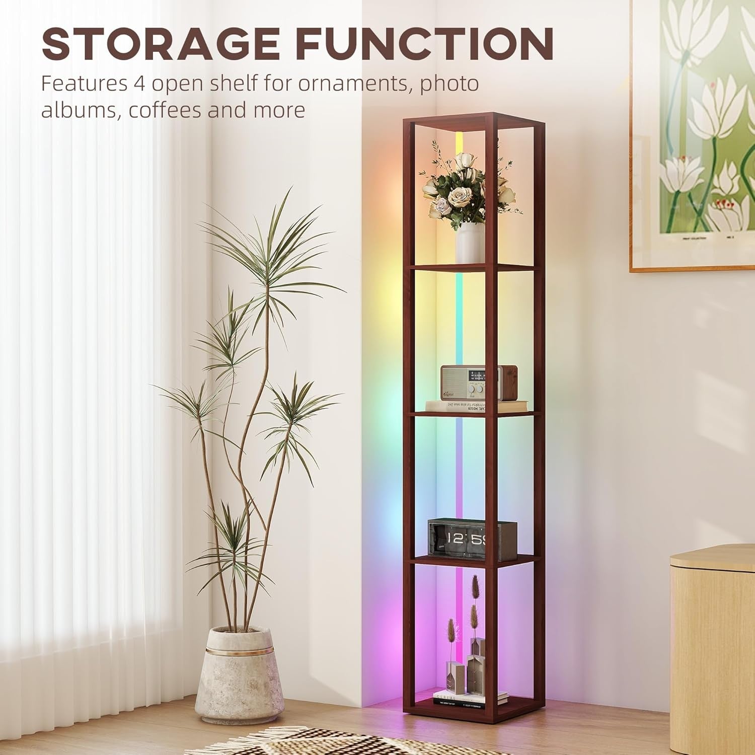 RGB LED Floor Lamp with Shelves Dimmable Remote Control Modern Corner Light