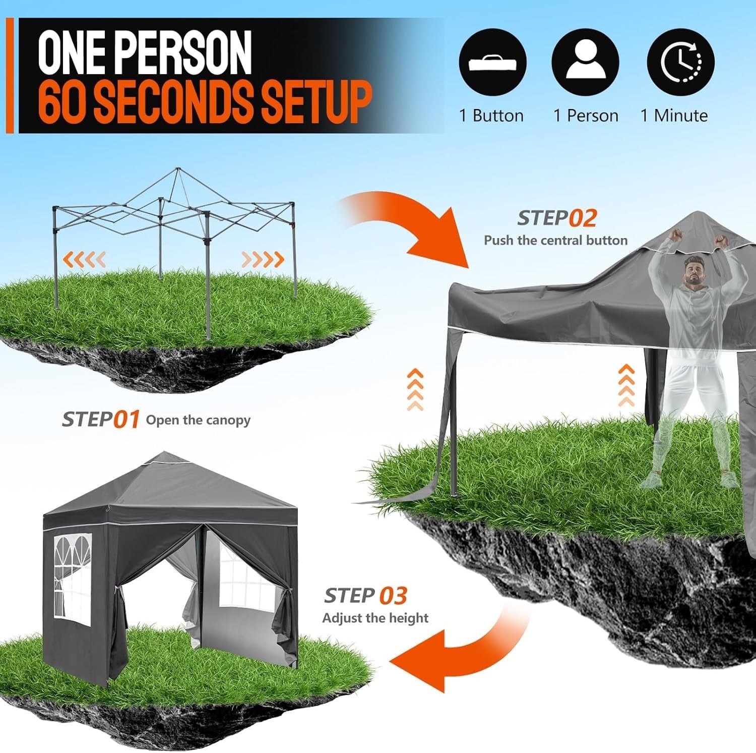 3x3M Grey Pop Up Gazebo With Removable Sides Waterproof Garden Party Tent Canopy