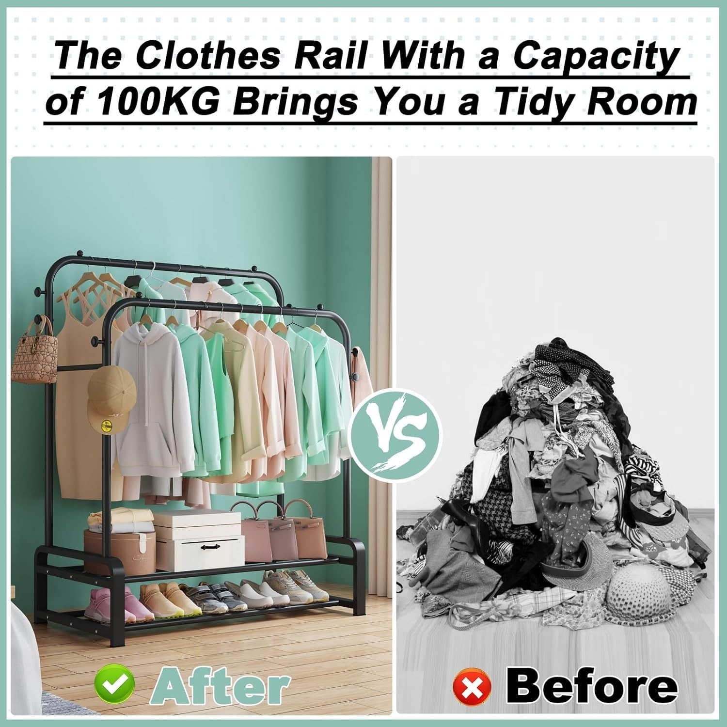 Heavy Duty Double Rail Clothes Rack with Shoe Shelves – Black