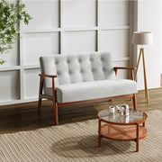 Grey Tufted 2 Seater Sofa Linen Upholstery Walnut Wood Frame Living Room