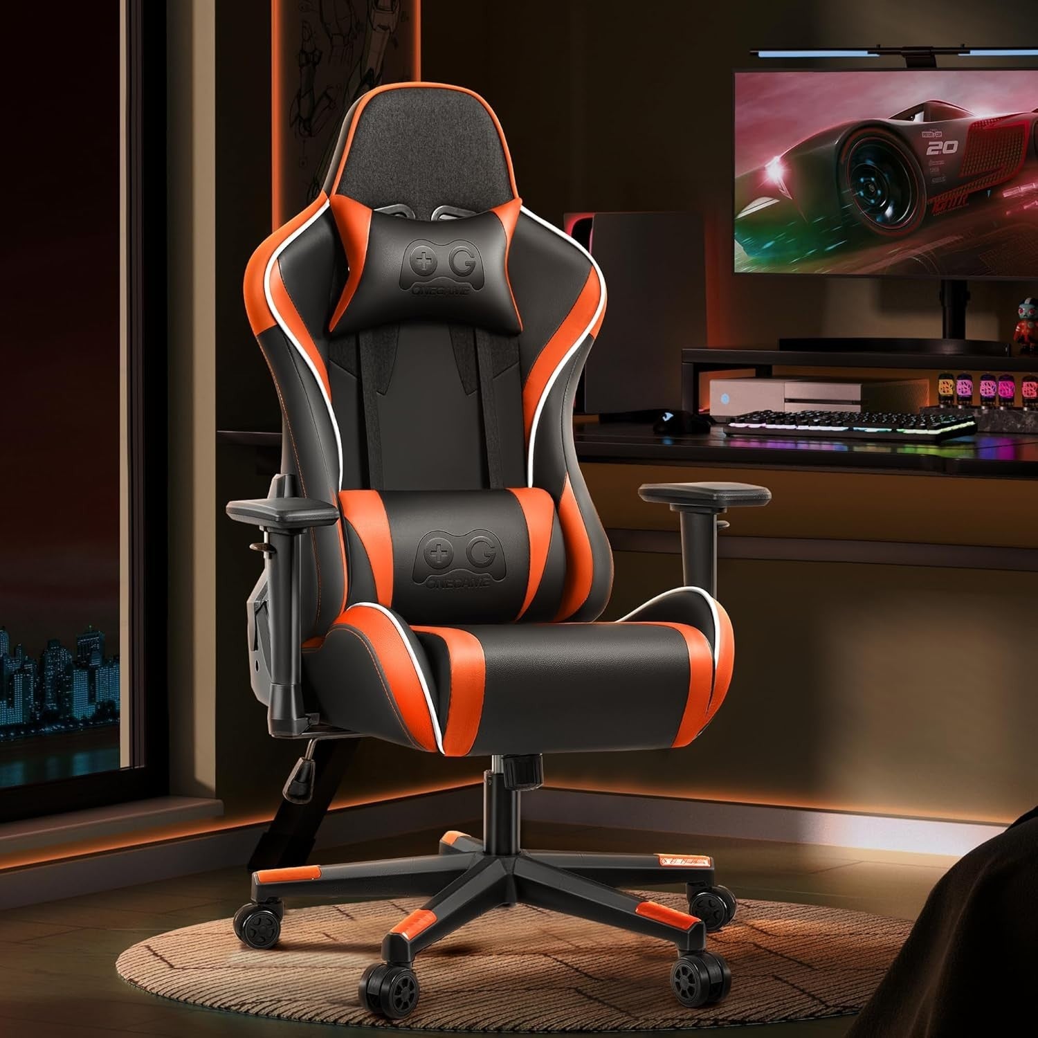 Orange High Back Gaming Chair Adjustable Lumbar Swivel PU Leather Office Studio