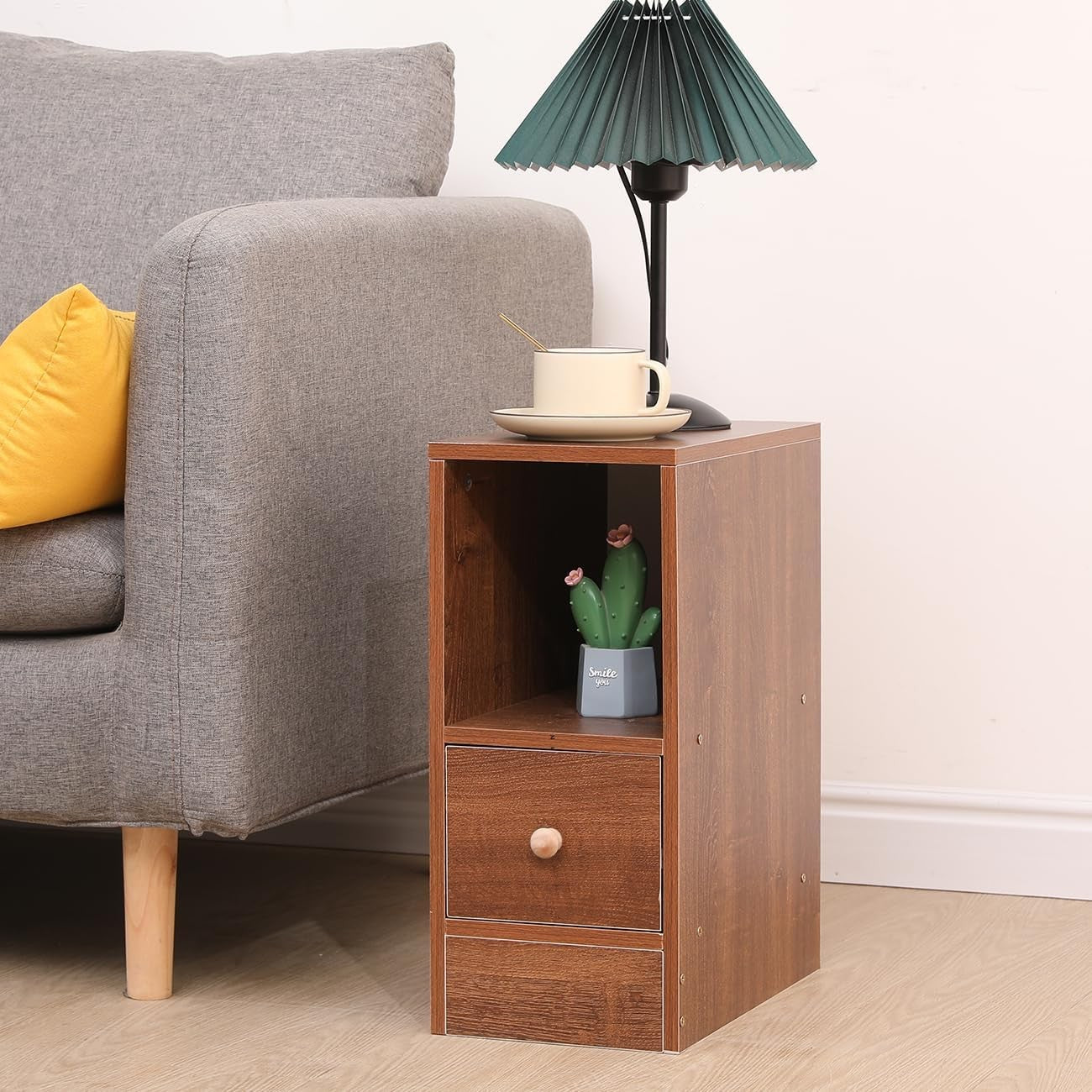 Dark Walnut Slim Storage Cabinet with Drawer – Modern Narrow Bedside Unit