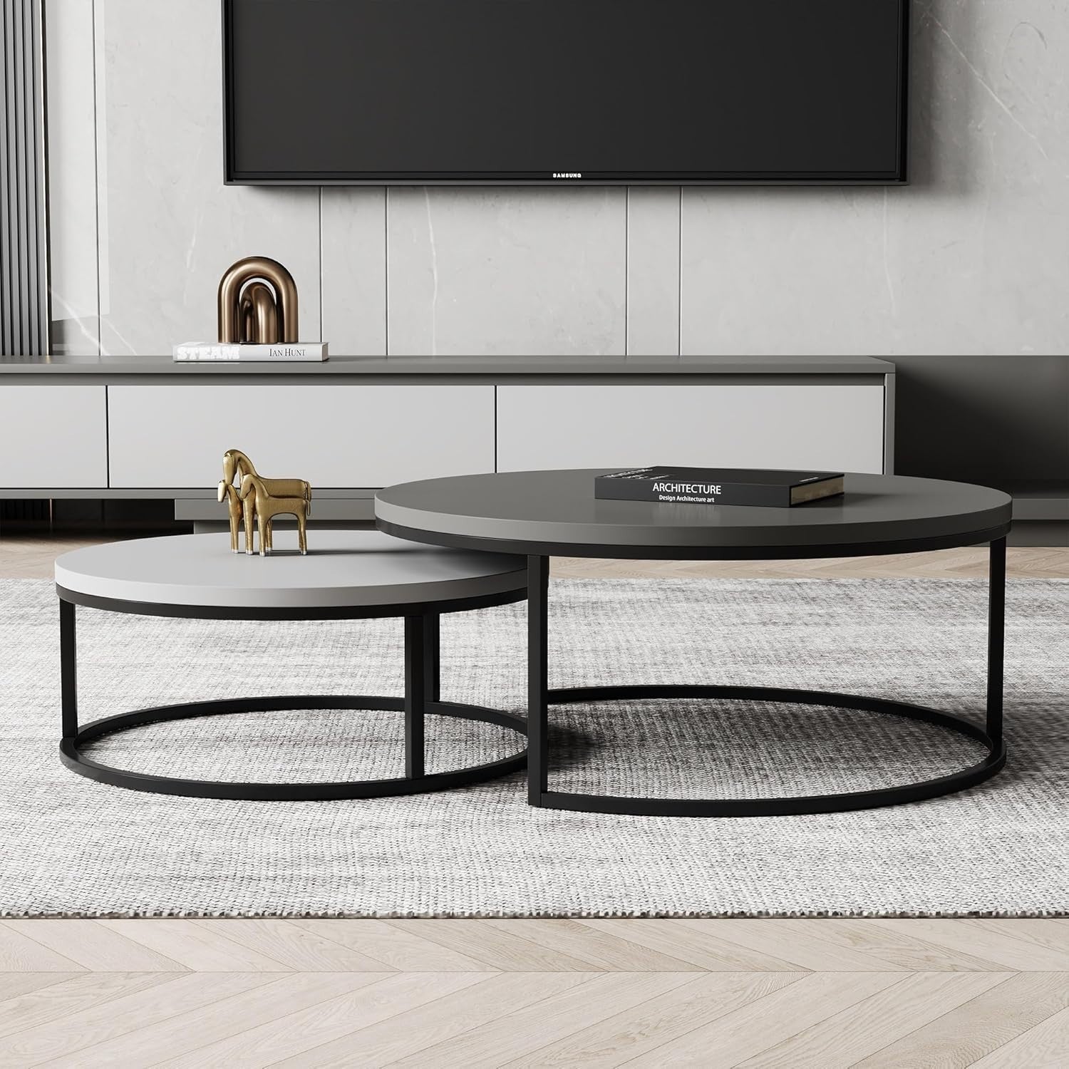 Round Nesting Coffee Table Set of 2 Dark/Light Grey Wood Top Metal Frame