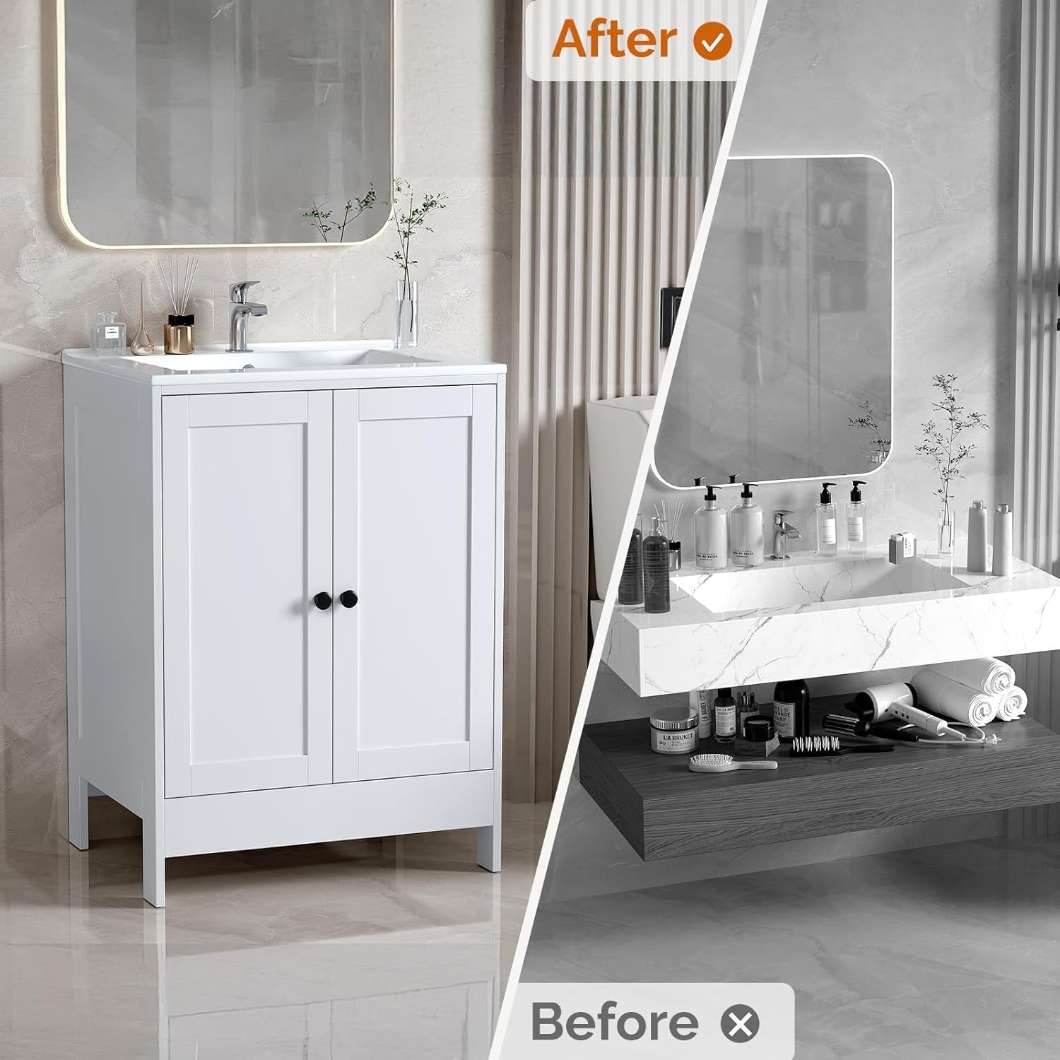White Under Sink Bathroom Cabinet | 61x45x85cm Wooden Storage Unit 2 Doors