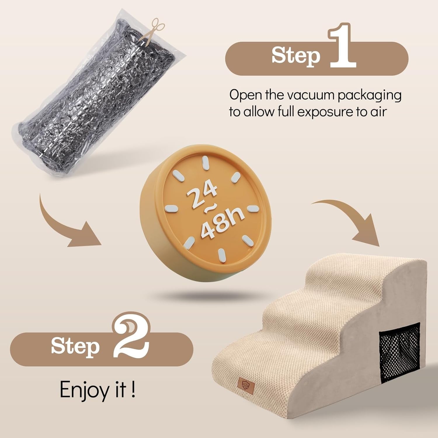3 Step Dog Stairs for Bed Sofa Non Slip Washable Beige 60x40x40cm