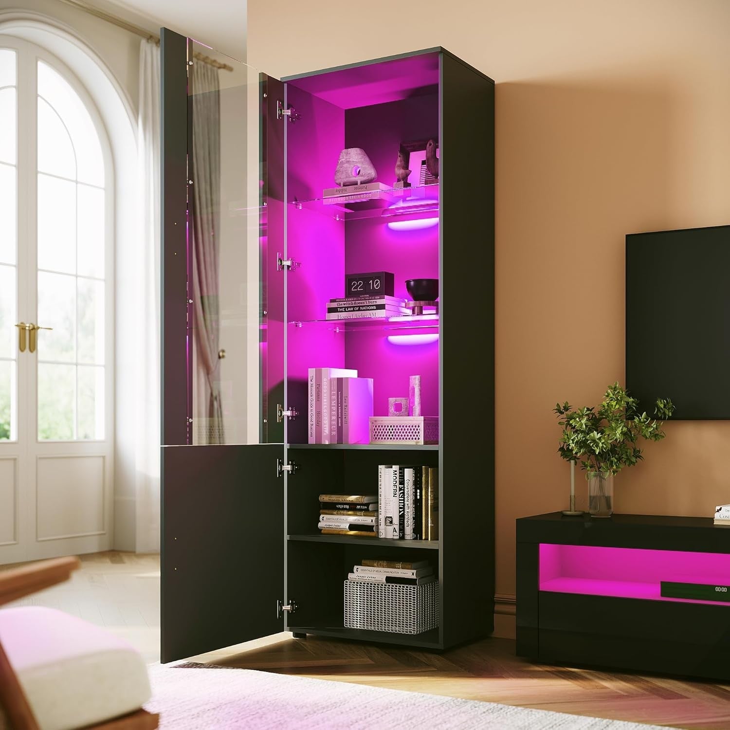 Tall 187cm Black Gloss LED Display Cabinet with Clear Front & Glass Shelves