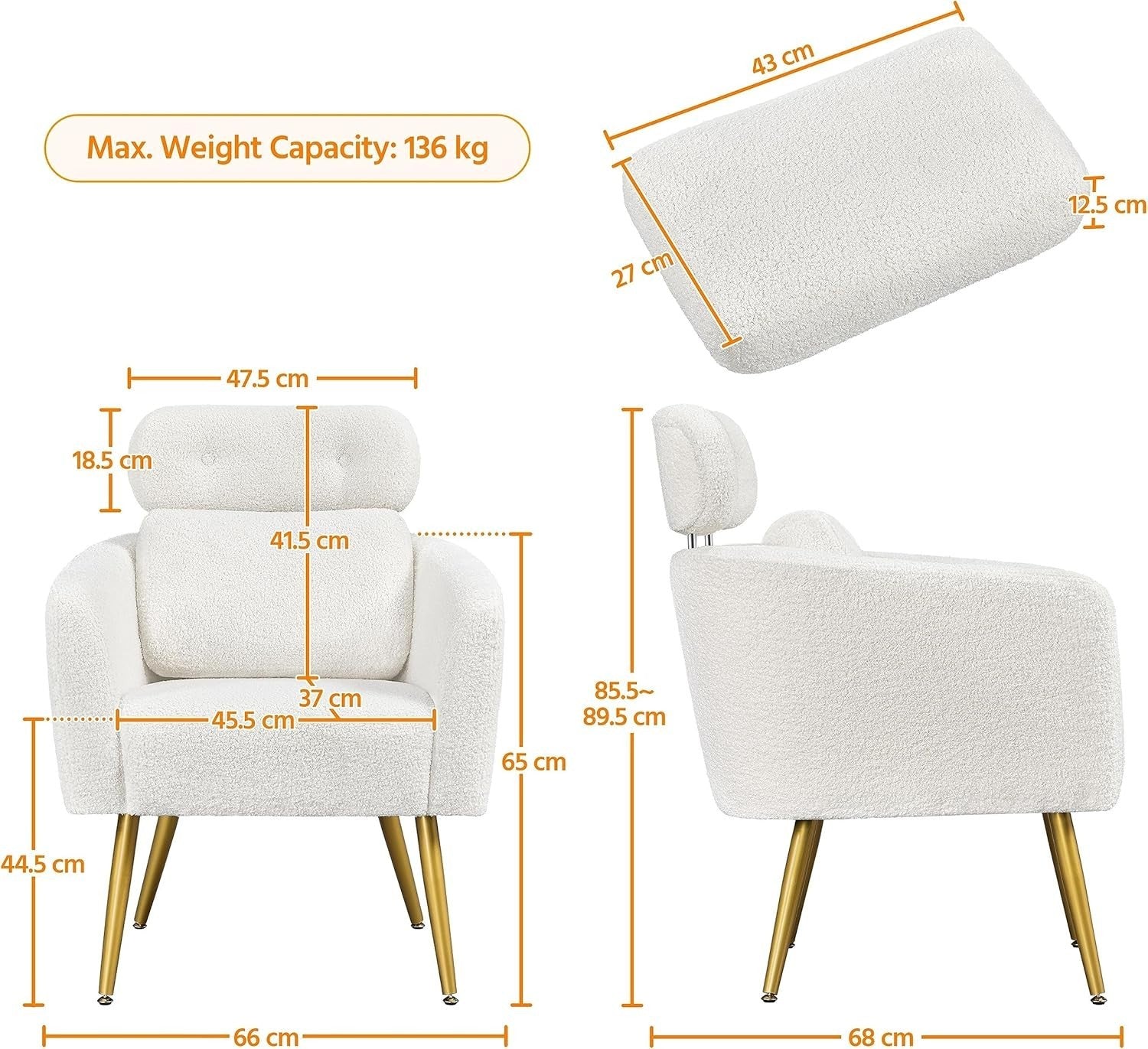 2x White Boucle Accent Chairs Adjustable Headrest Lumbar Lounge Armchairs