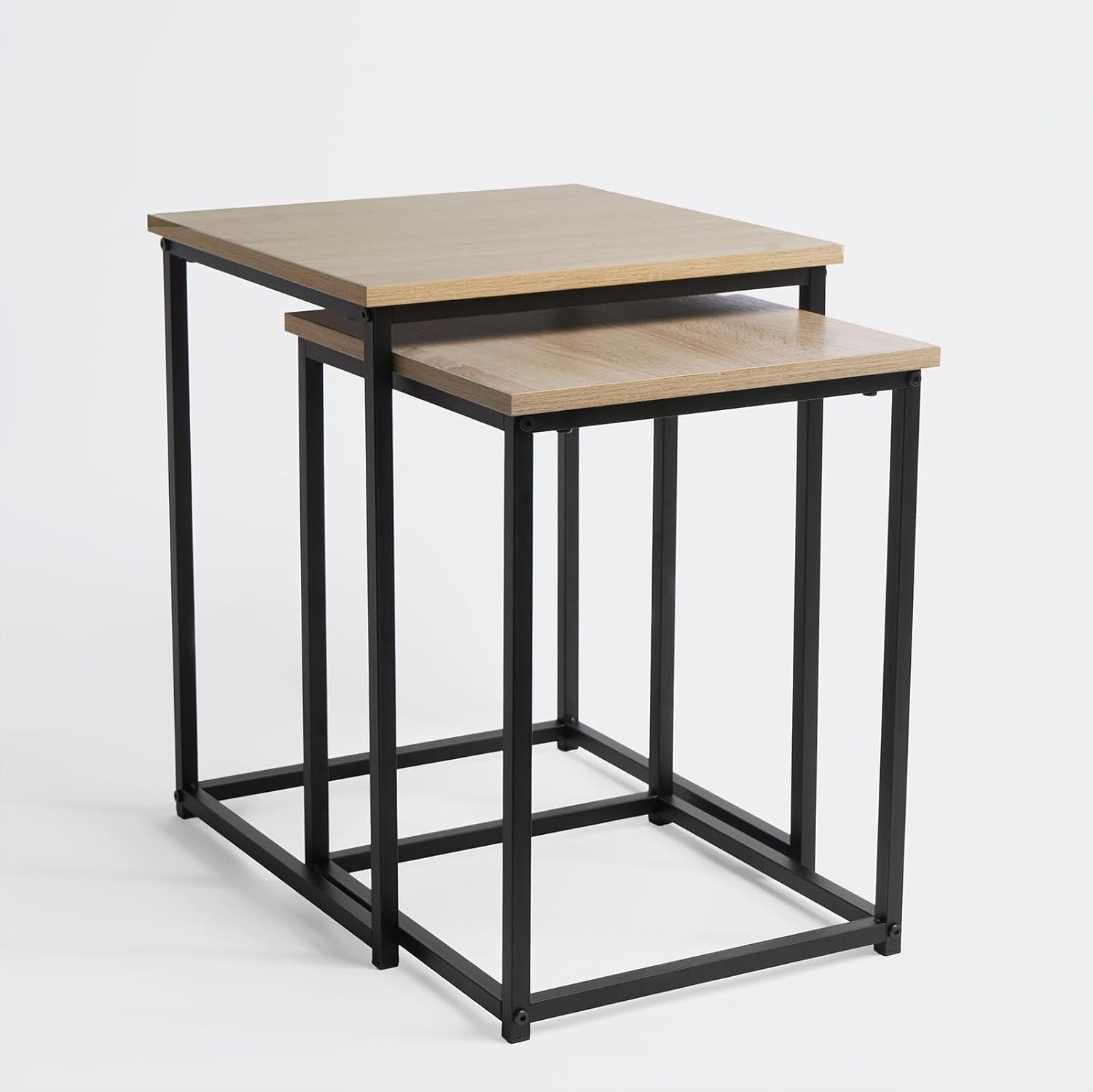 Nesting Side Tables Set 2 Wood/Black Metal Frame Rustic Modern Lamp Coffee