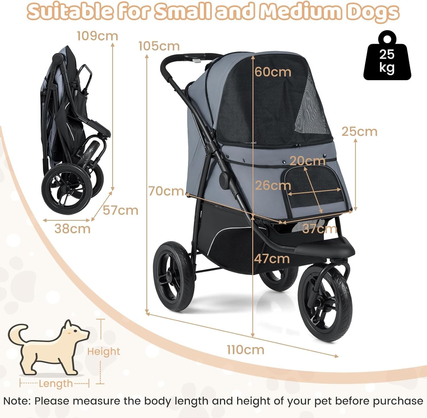 3 Wheel Pet Stroller for Small Medium Dogs Cats Foldable Travel Pushchair