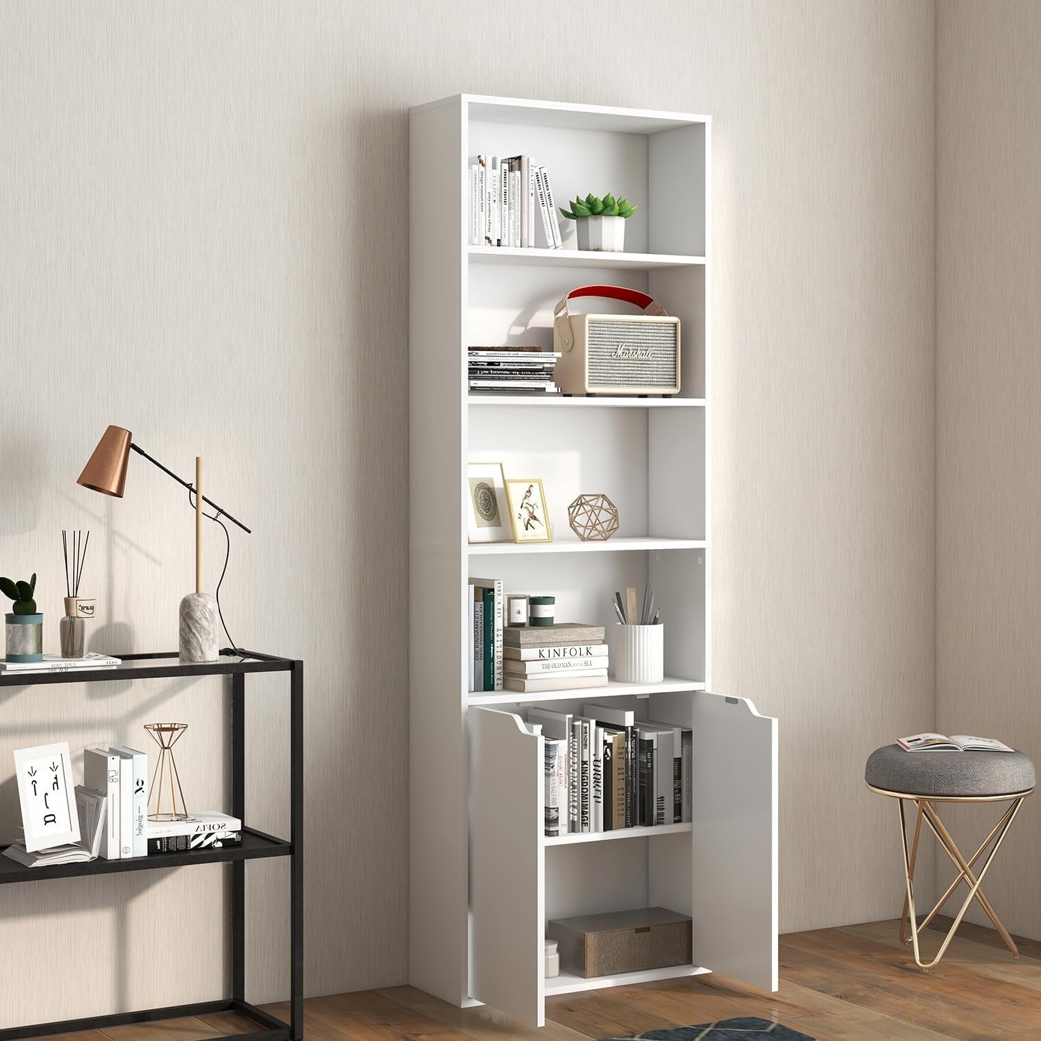 White 6 Tier Tall Bookcase with Doors Modern Storage Cupboard Free Standing Unit