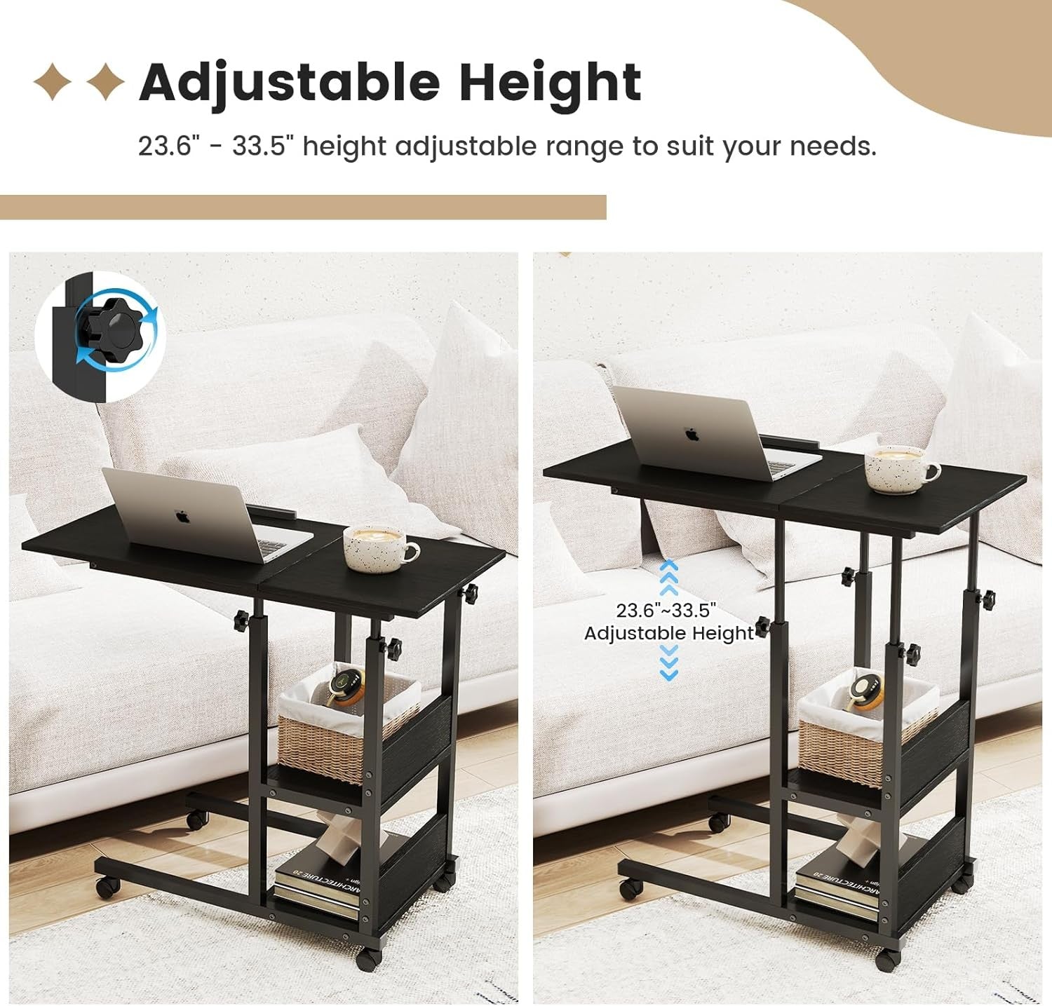 Adjustable Overbed Laptop Desk with Charging Station Wheels Storage Shelf