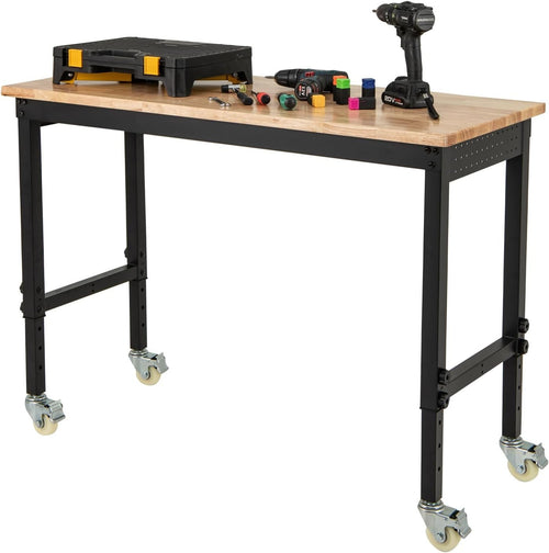 Adjustable Rolling Workbench 1100kg Heavy Duty Bamboo Top 122x51 Locking Wheels
