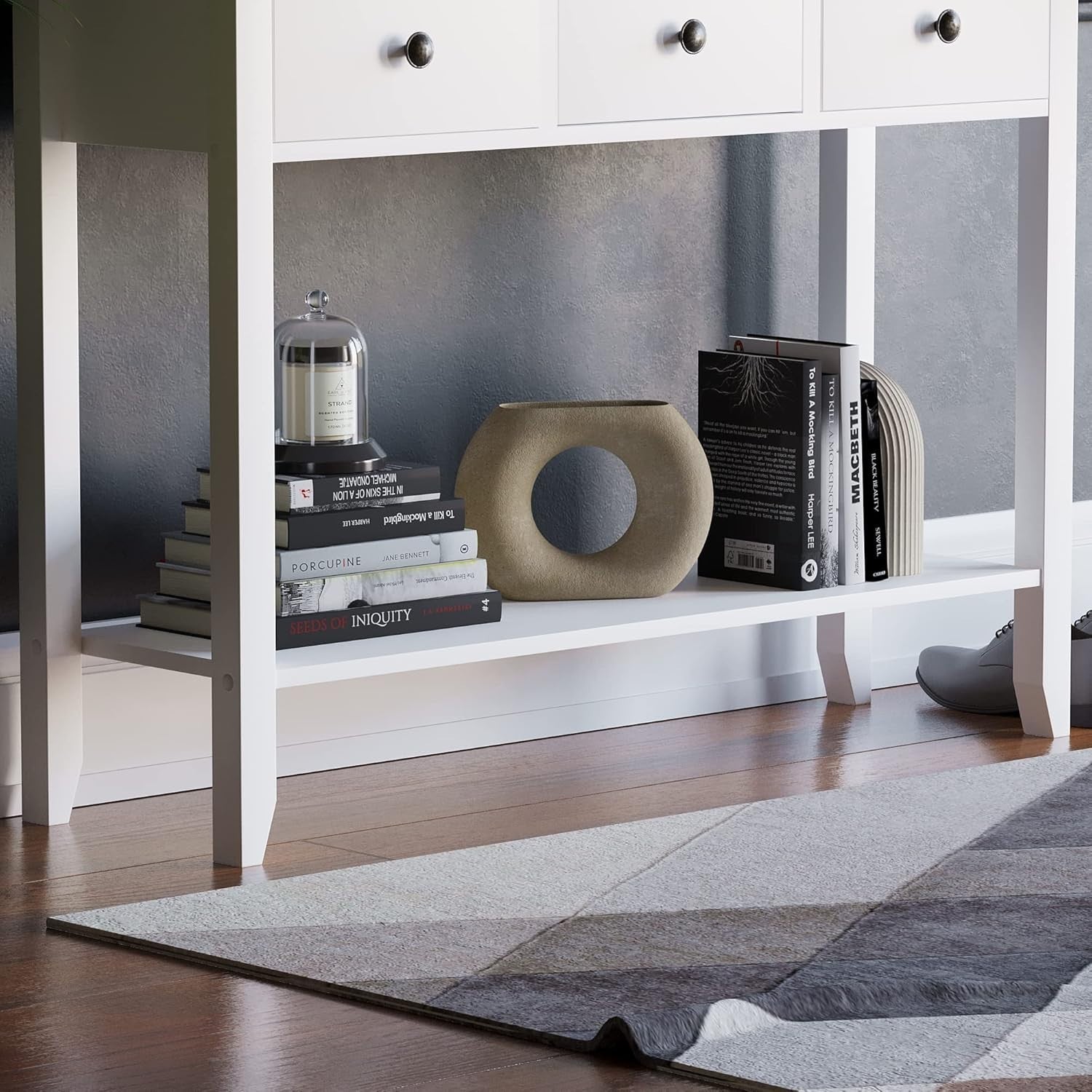 White Hallway Console Table 3 Drawer Storage Shelf Modern Slim Entryway