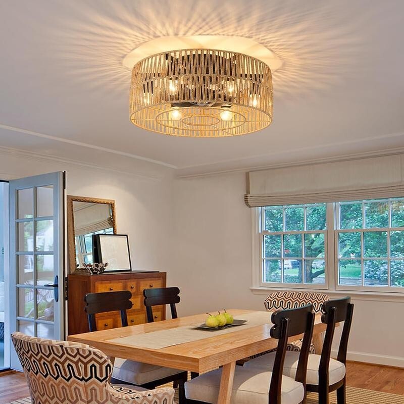 Boho Rattan Ceiling Fan Light Flush Mount E27 Remote 6-Light Rustic 50cm