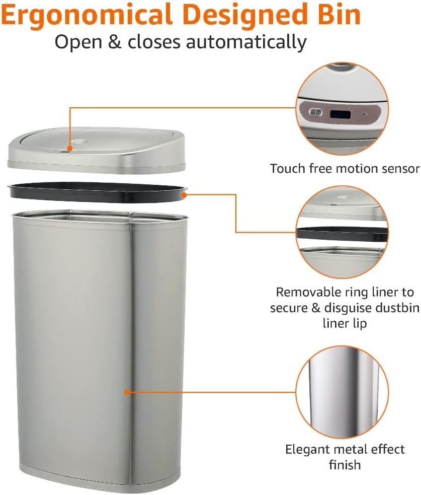 50L Stainless Steel Sensor Bin Silver Hands Free Kitchen