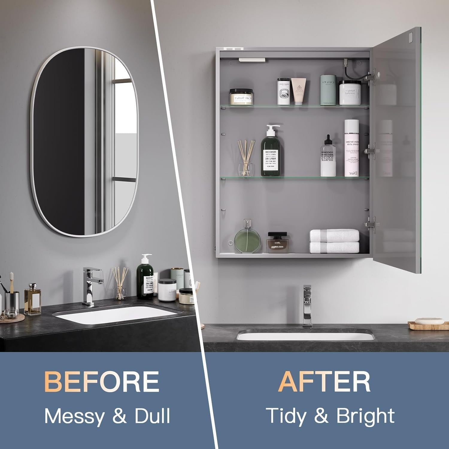 LED Bathroom Mirror Cabinet with Shaver Socket, Demister & Dimmable Light