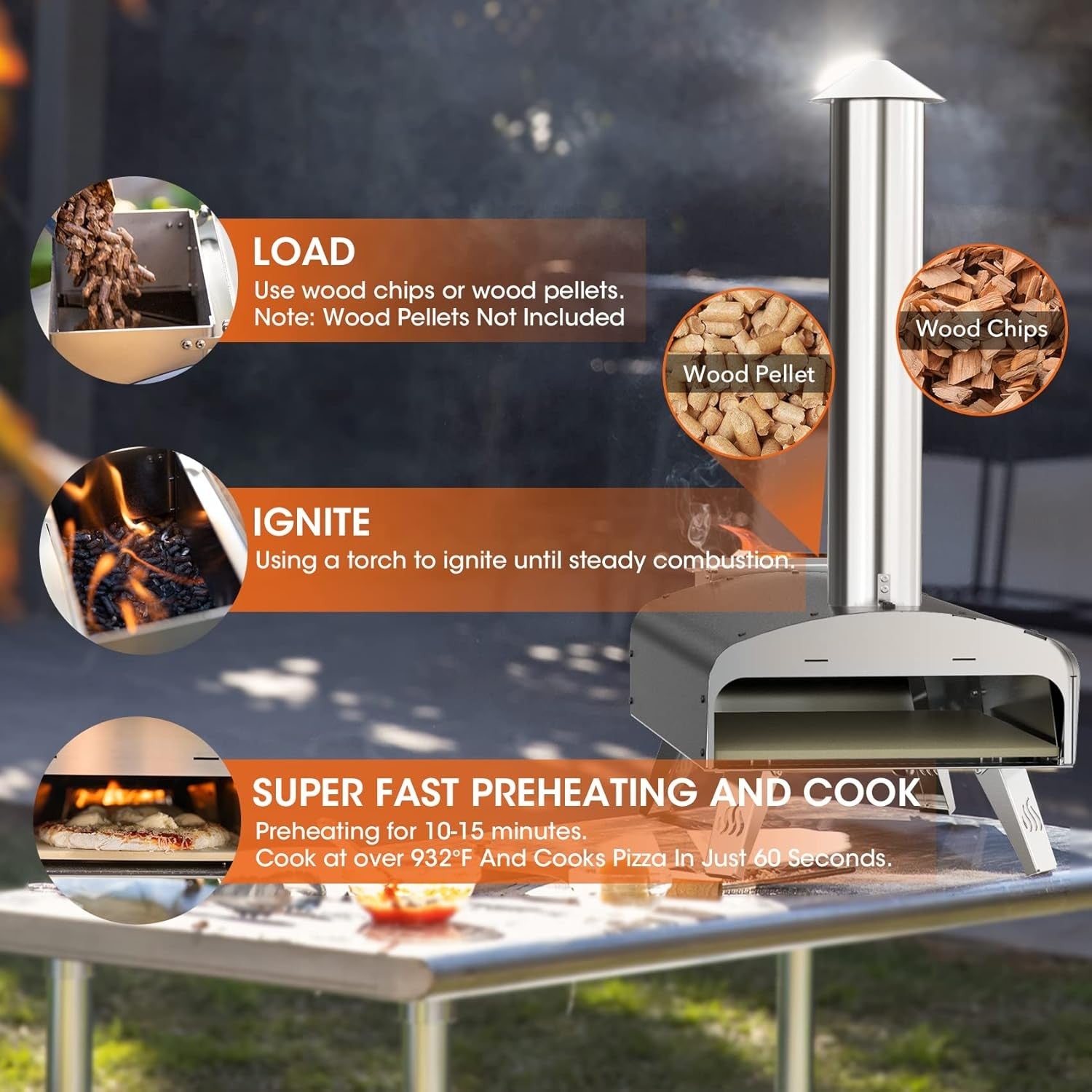 Outdoor Wood Pellet Pizza Oven | 12" Stone Fired BBQ Grill with Peel &Thermometr