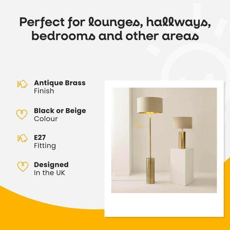Antique Brass Floor Lamp with Black/Gold Shade & Dimmer, Includes Bulb