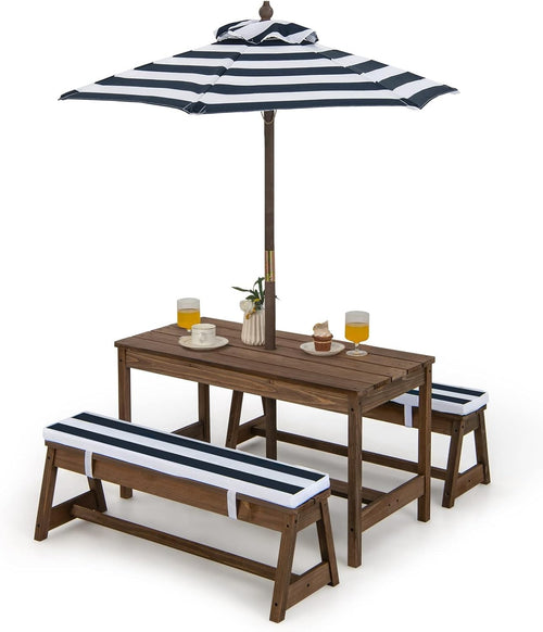 Kids Wooden Picnic Table Set with Cushions & Removable Umbrella, Blue