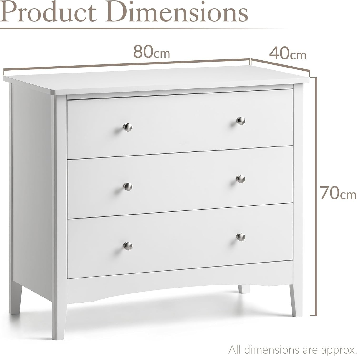 Modern White 3 Drawer Chest, MDF Storage Unit, Chrome Handles, 80cm Wide