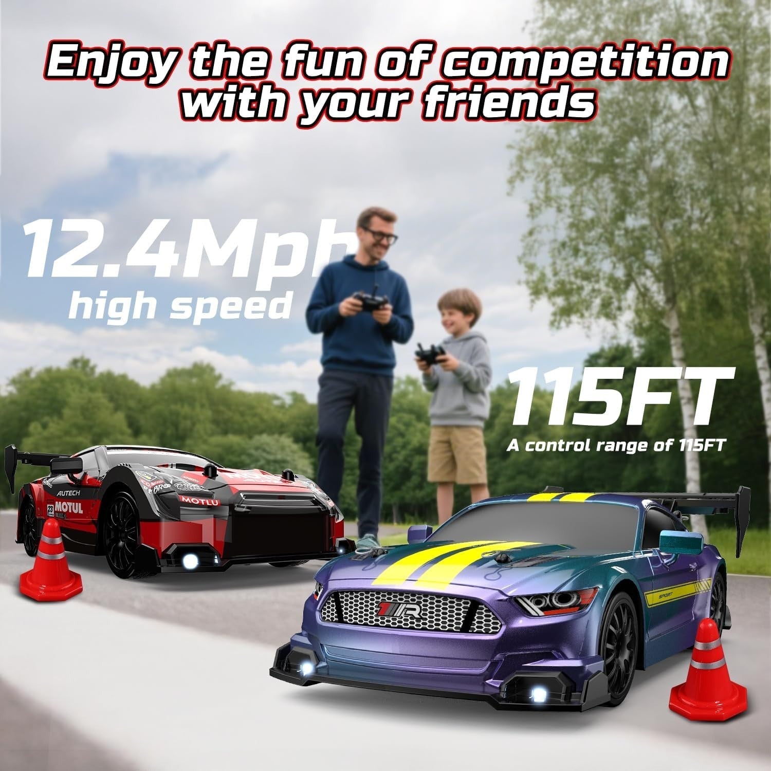 4WD RC Drift Car with Lights, 2 Shells, 2 Batteries & Cones – 40mins