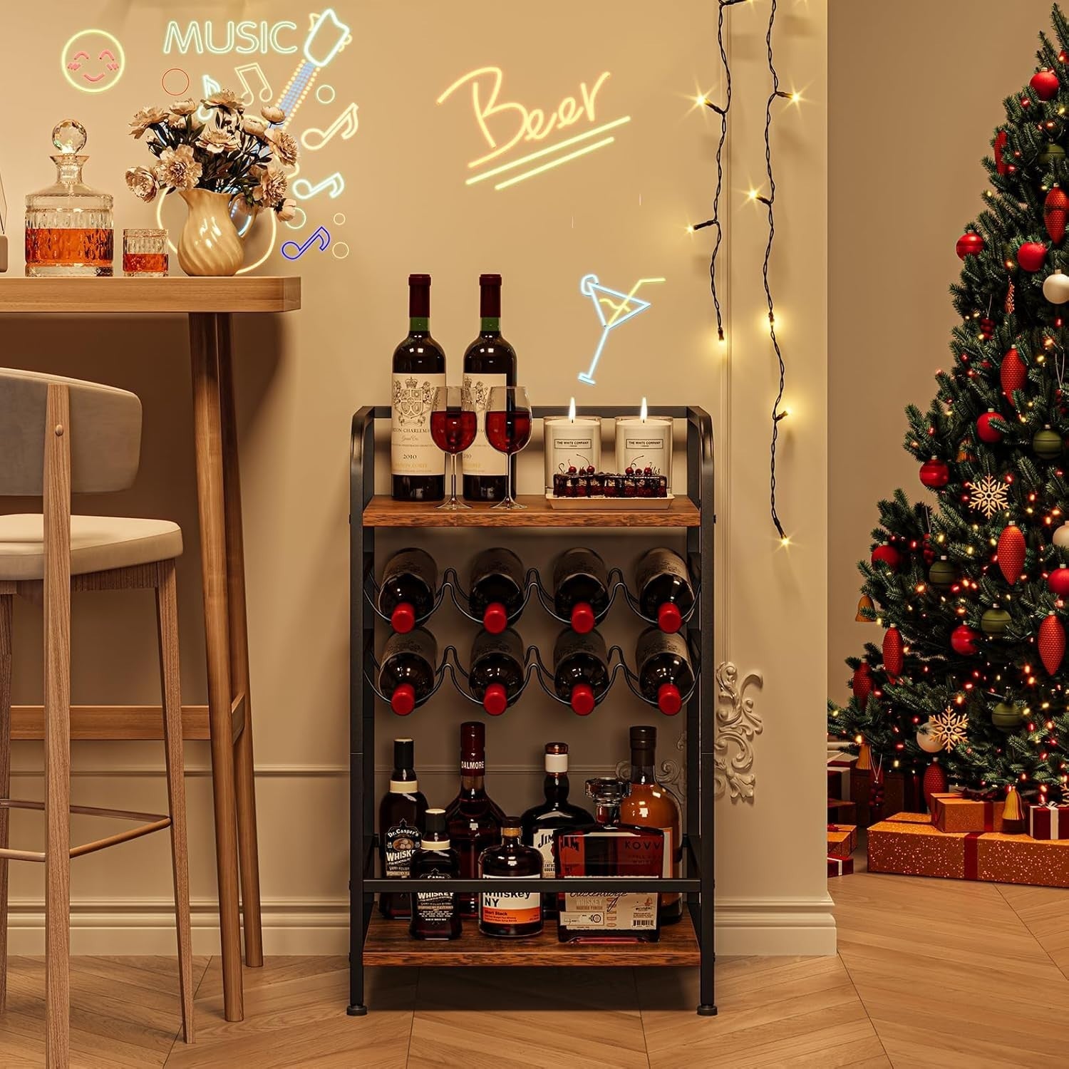 Free Standing Wine Rack with Shelves & Table Top 8 Bottle Storage Metal Wood Bar