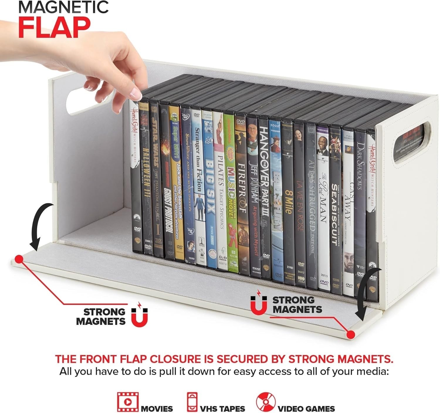 DVD Storage Box Organizer Holds 28 Cases Faux Leather White Shelf