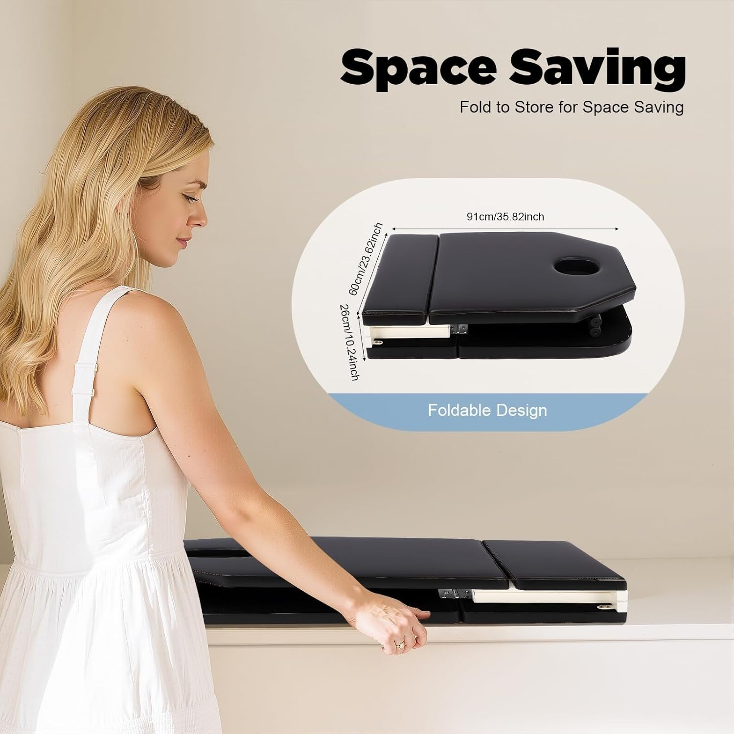 Foldable 3-Section Portable Massage Table Beauty Spa Bed Black 60cm Width