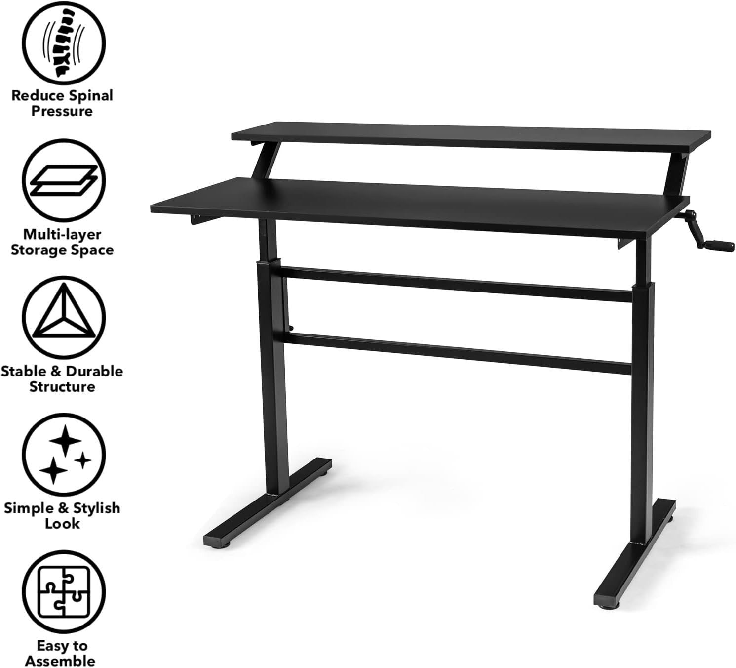 Black Adjustable Standing Desk 113cm Crank Handle Sit Stand Table