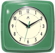Retro 9in Square Wall Clock Green Silent Sweep Mid-Century Kitchen Diner Decor