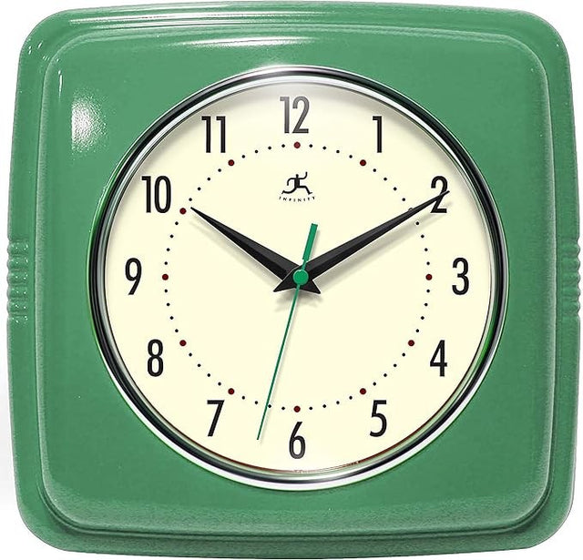 Retro 9in Square Wall Clock Green Silent Sweep Mid-Century Kitchen Diner Decor