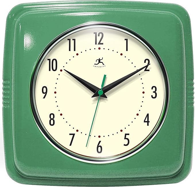 Retro 9in Square Wall Clock Green Silent Sweep Mid-Century Kitchen Diner Decor
