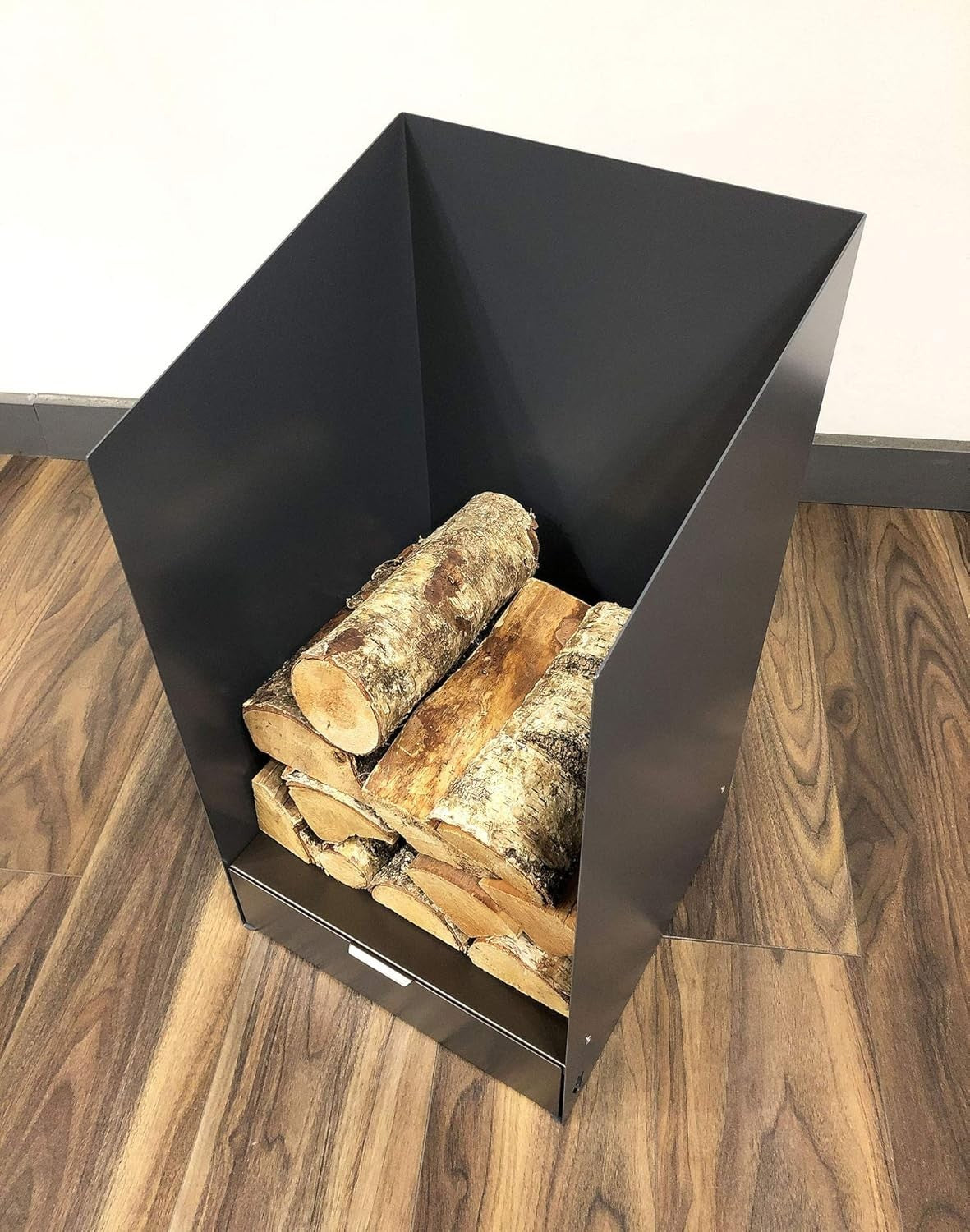 Firewood Log Holder with Drawer Indoor Steel Wood Storage Rack Modern