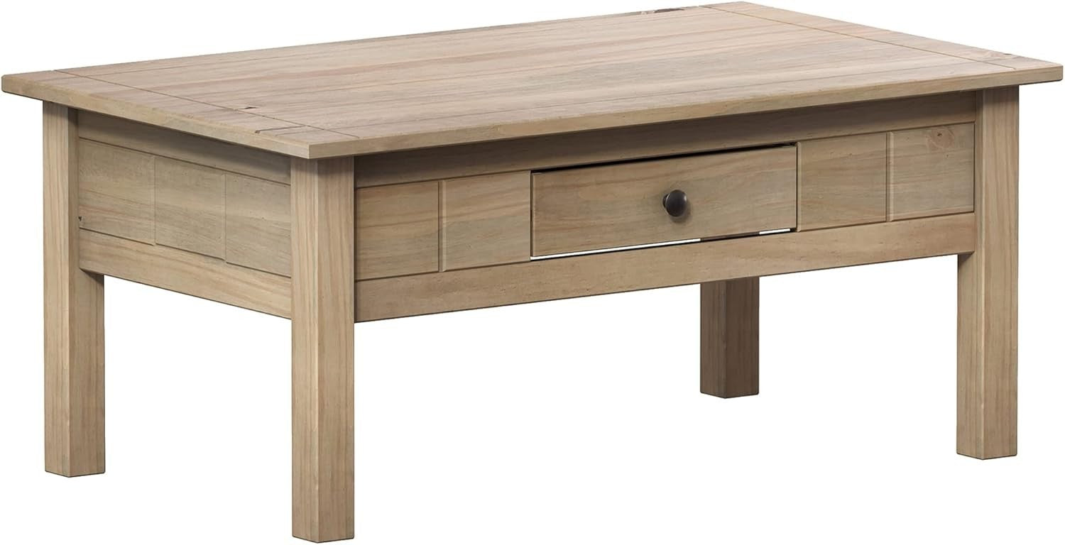 Rustic Natural Oak Coffee Table with Storage Drawer, Solid Pine Wood 60x100cm