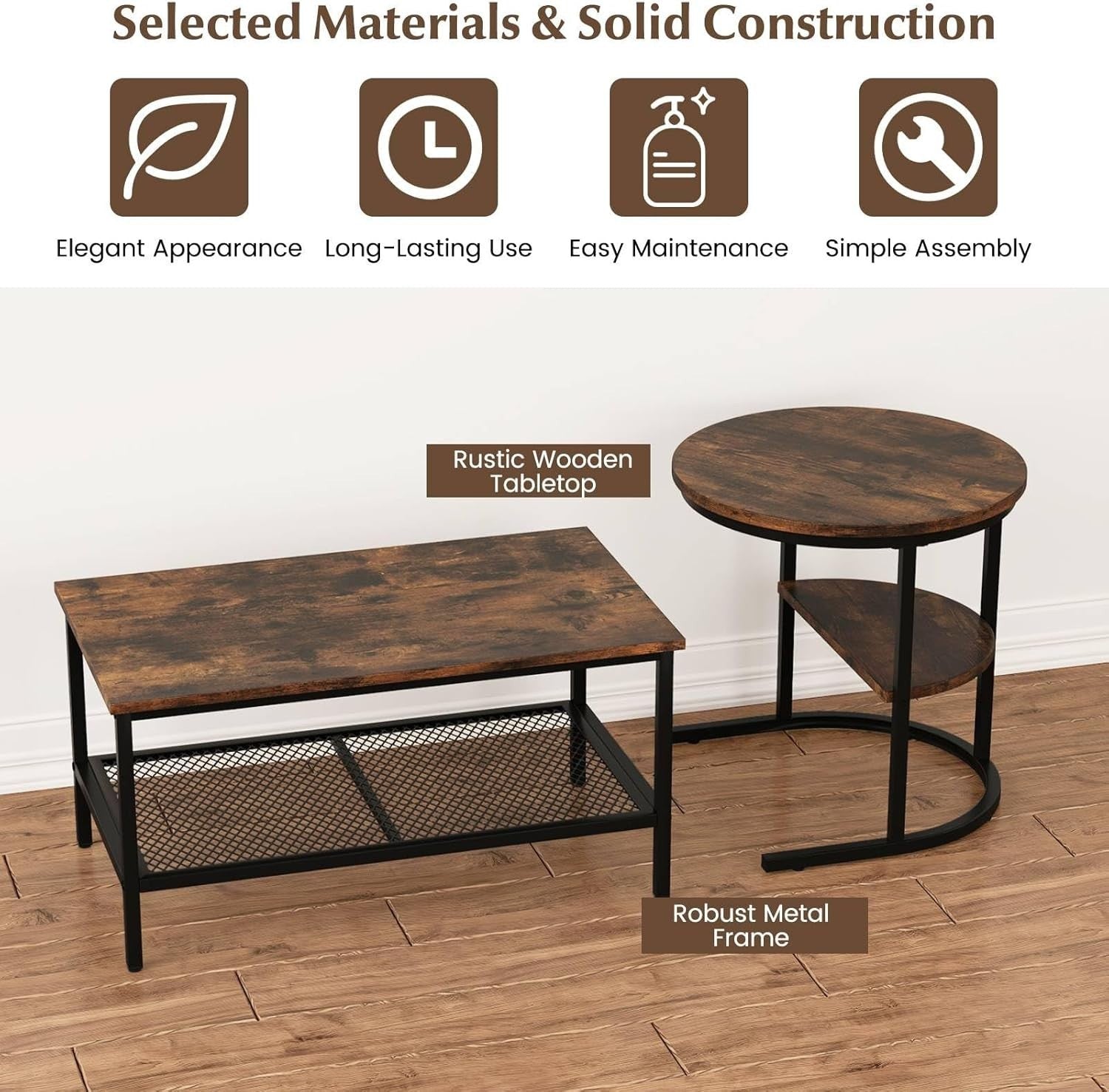 2-in-1 Coffee Table Set Large Round Side Table Rustic Industrial Metal Wood